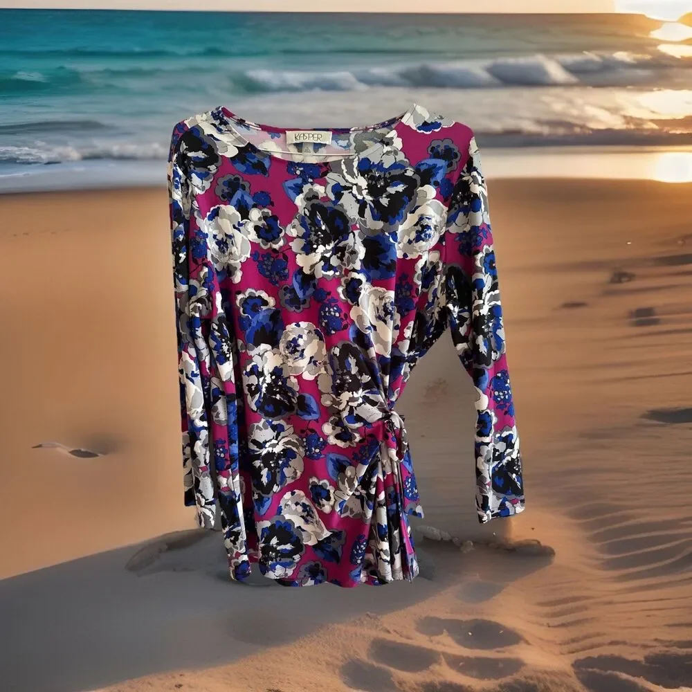 Kasper‎ Women Purple Blue Floral Crew-Neck Self-Tie Side Blouse Top Size XL